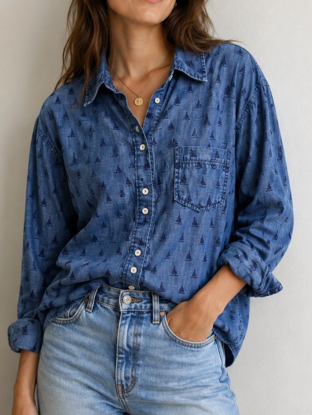 Foxcroft NYC Plus Size Sailboat Print Tencel Chambray Button Down Shirt Size 3X